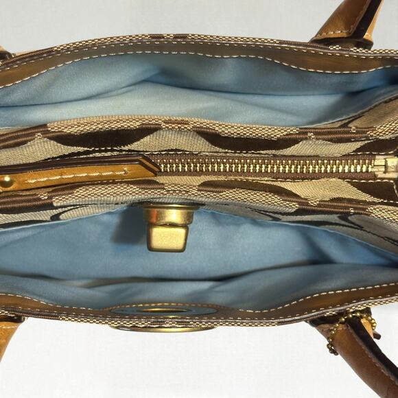 COACH Hamptons Medium Madeline Satchel Handbag Brown Monogram Leather Trim - Picture 6 of 15